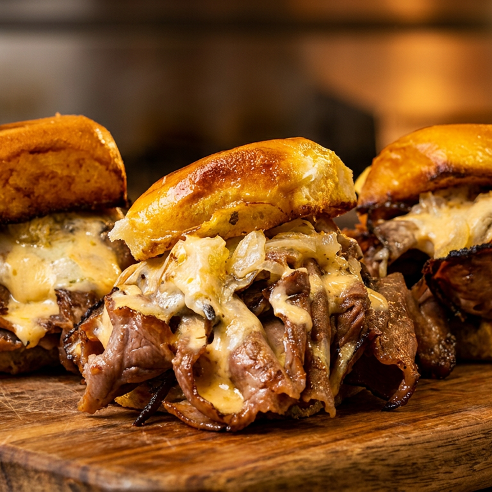 Three toasted steak and cheese sandwiches with sautéed onions and mushrooms arranged on a wooden cutting board in a warmly lit kitchen.
