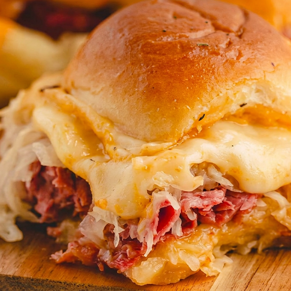 Close-up of a toasted sandwich with melted cheese, corned beef, and shredded cabbage on a wooden serving board.
