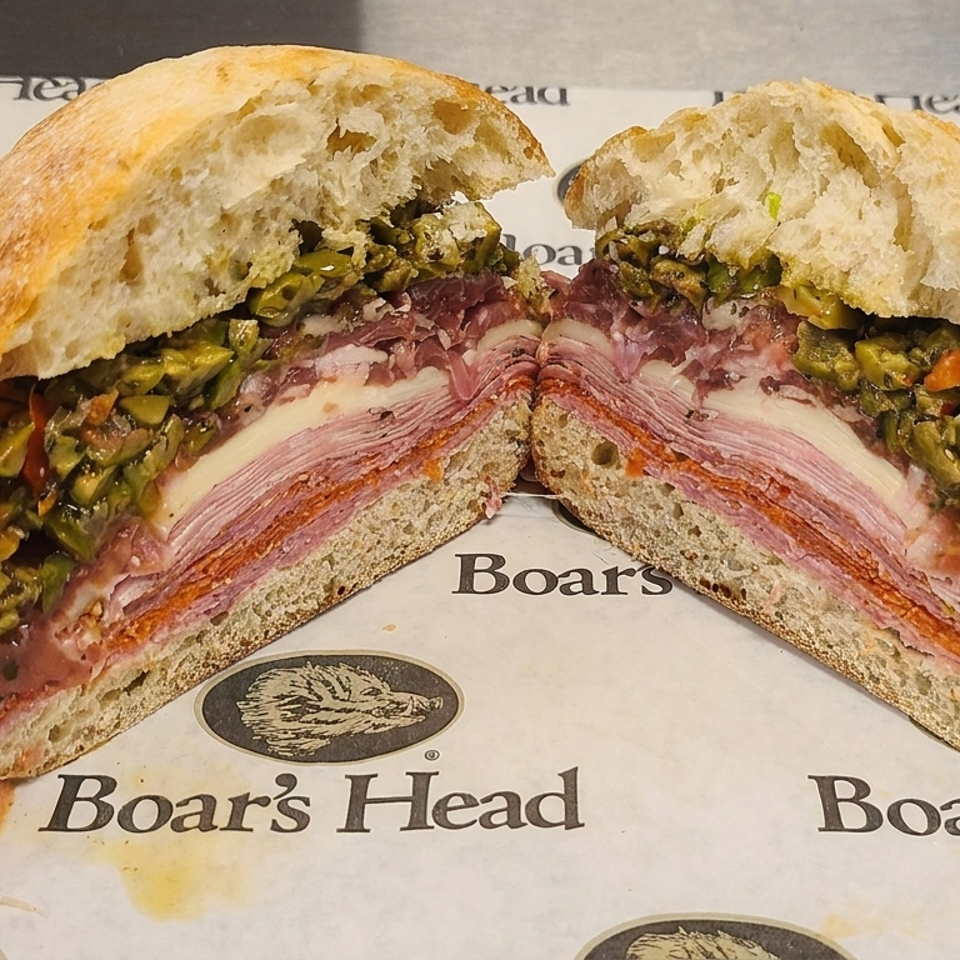 Halved Italian-style deli sandwich on crusty bread, layered with cured meats, cheese, and chopped olive relish on Boar’s Head paper.