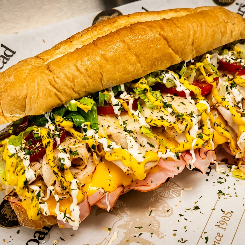 Loaded toasted baguette sandwich with sliced meats, lettuce, tomatoes, herbs, and yellow and white sauces on Boat’s Head paper.