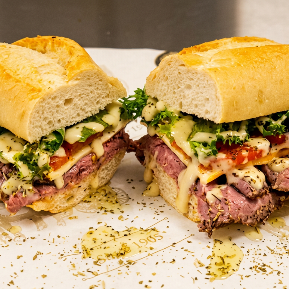 Two roast beef sandwiches on crusty rolls with melted cheese, greens, tomato, creamy sauce, and herbs on branded paper.