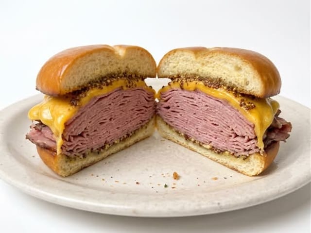 Hot Ham, Melted Cheddar & Spicy Brown Mustard on Kaiser Roll.