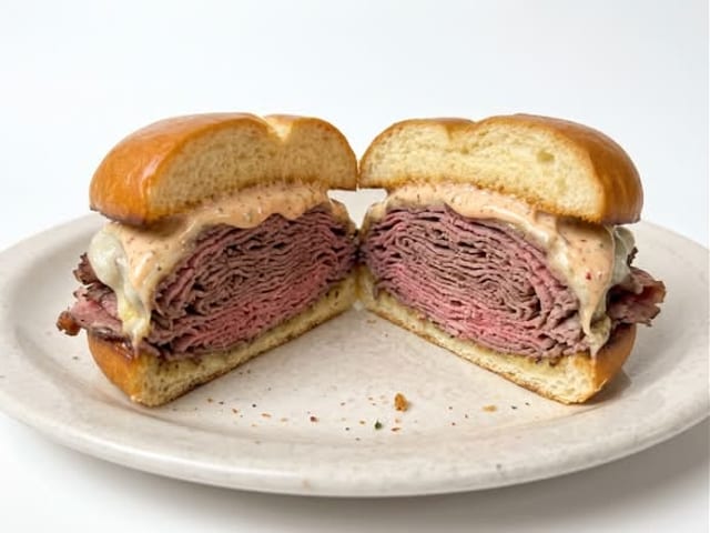 Hot London Broil, Melted Mozzarella Cheese & Thousand Island Dressing on Kaiser Roll.